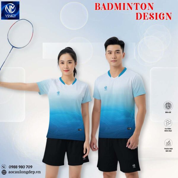 Áo Cầu Lông Nam Nữ Vinici Xanh Trắng Gradient Co Giãn 4 Chiều