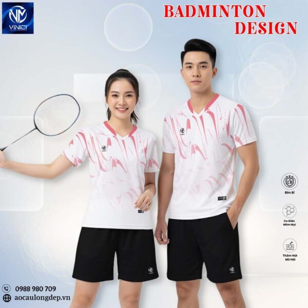 Áo Cầu Lông Trắng Họa Tiết Hồng Vinici Sport - Thiết Kế Hiện Đại, Cá Tính