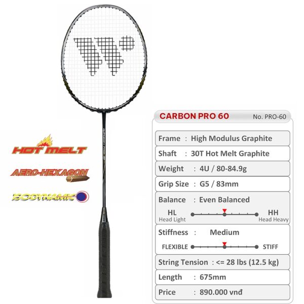 Vợt cầu lông Carbon Pro 60 đen vàng - sang trọng và đẳng cấp
