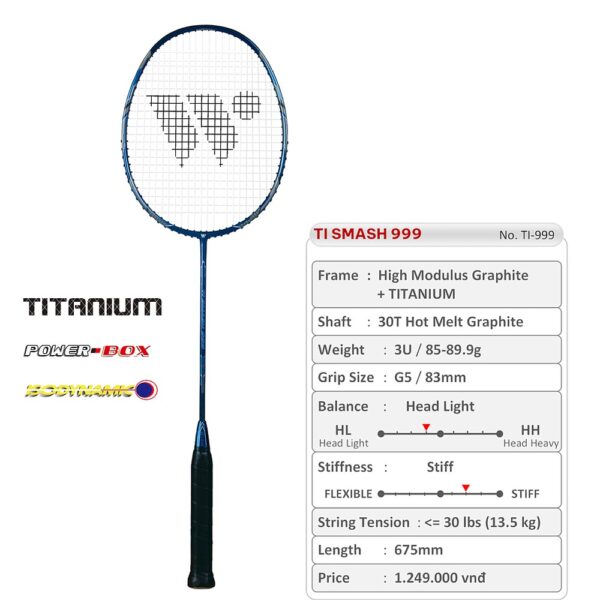 Vợt Cầu Lông TI SMASH 999 Xanh Đen Ánh Kim - Sức Mạnh & Phong Cách Cho Người Chơi Chuyên Nghiệp