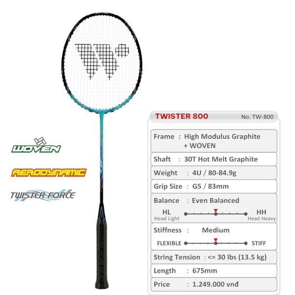 Vợt Cầu Lông Twister 800 Xanh Ngọc Đen – Thiết Kế Mạnh Mẽ, Hiện Đại