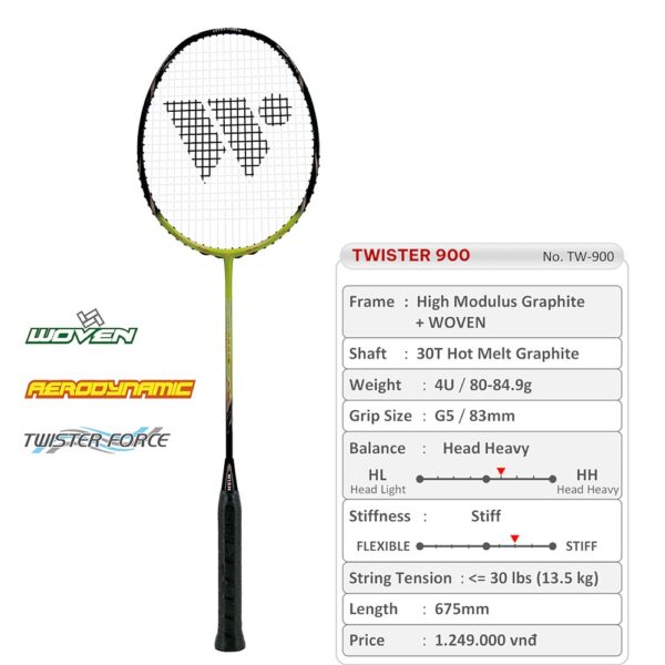 Vợt Cầu Lông TWISTER 900 Vàng Chanh - Sức Mạnh & Tốc Độ Đỉnh Cao