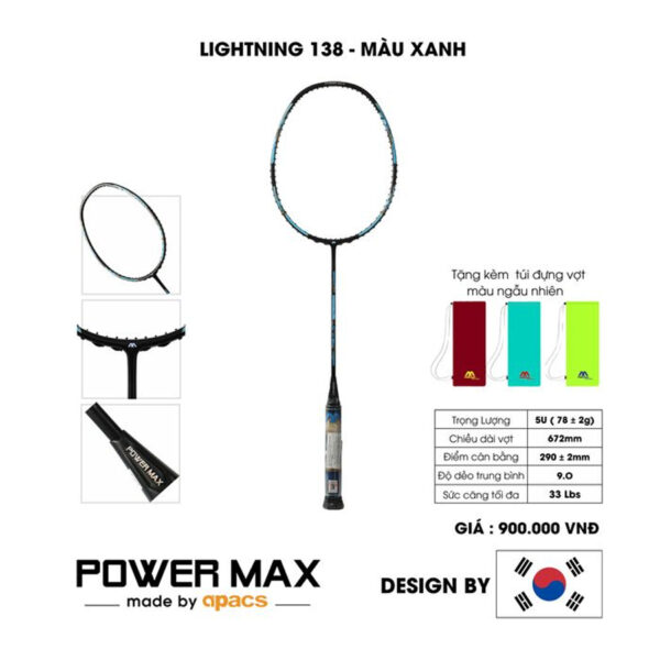 Vợt cầu lông Power Max Lightning 138 - Màu Xanh Biển Năng Động