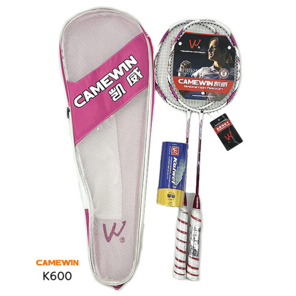 Bộ vợt cầu lông Camewin K600 màu hồng tím cá tính, kèm ống cầu và túi đựng